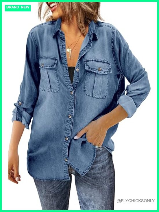 Tops - Button Down Denim Shirt Oversized Long Sleeve Roll Up Casual Jean Jacket Tunic
